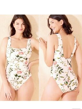 Shade & Shore White Floral Square-Neck One-Piece Swimsuit, Size S (4-6)
